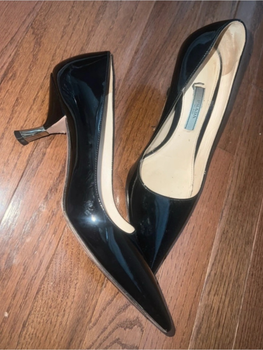 Prada Black Patent Pointed Toe Pumps with Sculpted Heel